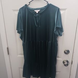 Chic Teal Velvet Dress with Tie Neck